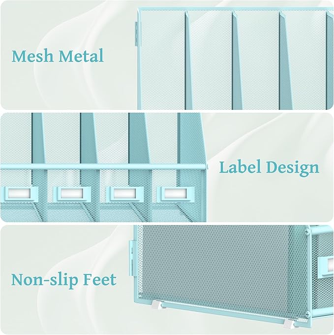 SUPEASY Desk Organizers Metal Desk Magazine File Holder with 5 Vertical Compartments Rack File Organizer for Office Desktop, Classroom, Home Workspace, Blue