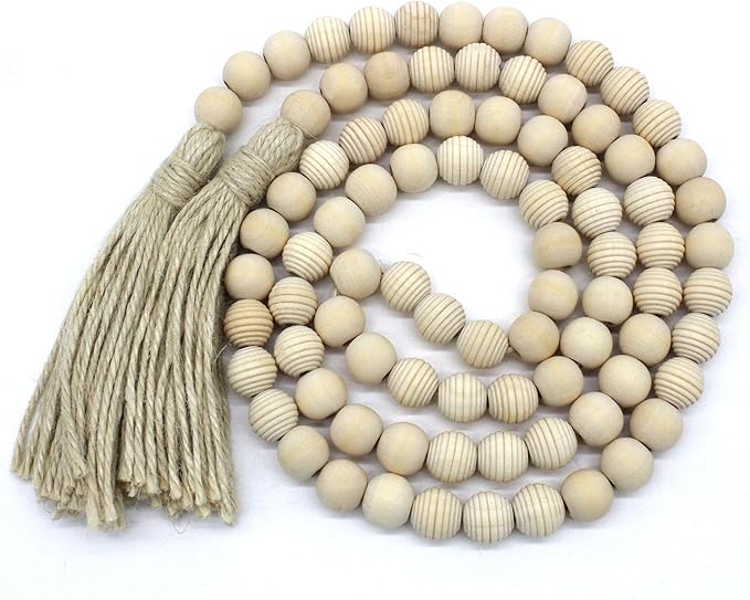 Farmhouse Decor Beads 60in Wooden Bead Garland with Tassels Rustic Minimalist Home Accent Prayer Country Boho Decoration for Wall Hanging Living Room Table Mantle Shelf Decor (Natural-style2)