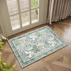 Botanical Floral Washable Entryway Area Rug 2x3 Light Green Cream Vintage Garden Design, Perfect for Soft Door Mat Indoor Entrance, Ultra-Thin Easy Clean Small Throw Carpet for Bedroom Bathroom