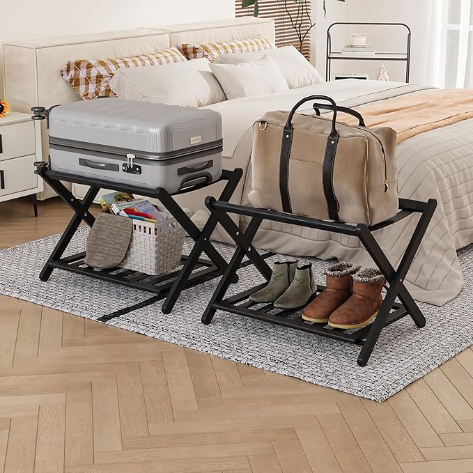 2 Packs Fully Assembled Black Bamboo Luggage Racks with Shoe Shelf, 5 Straps Folding Suitcase Stand, Heavy Duty Luggage Holders for Guest Room, Bedroom, Hotel