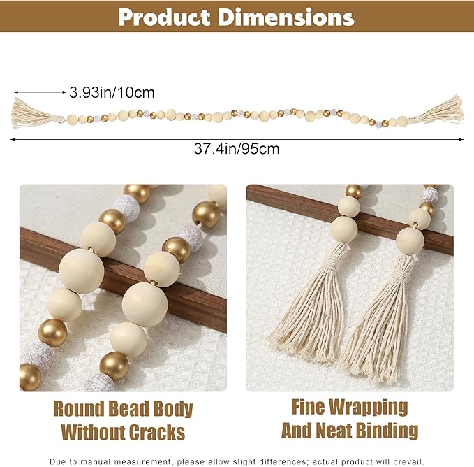 Wood Bead Garland with Tassel, Farmhouse Beads Rustic Country Decor, Boho Chic Wall Hanging Home Decor for Wall, Above Cabinet & Table