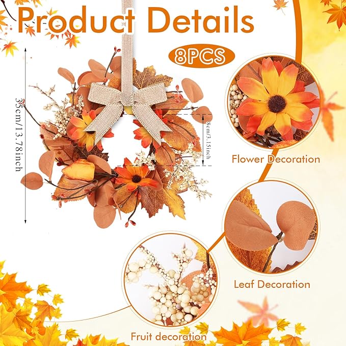 8 Pcs 3 Inch Fall Floral Wreaths Autumn Harvest Sunflowers Pumpkins Leaves Berries Hanging Candle Rings Wreath Mini Thanksgiving Table Centerpiece Wreath for Pillar Cabinets Farmhouse Decoration