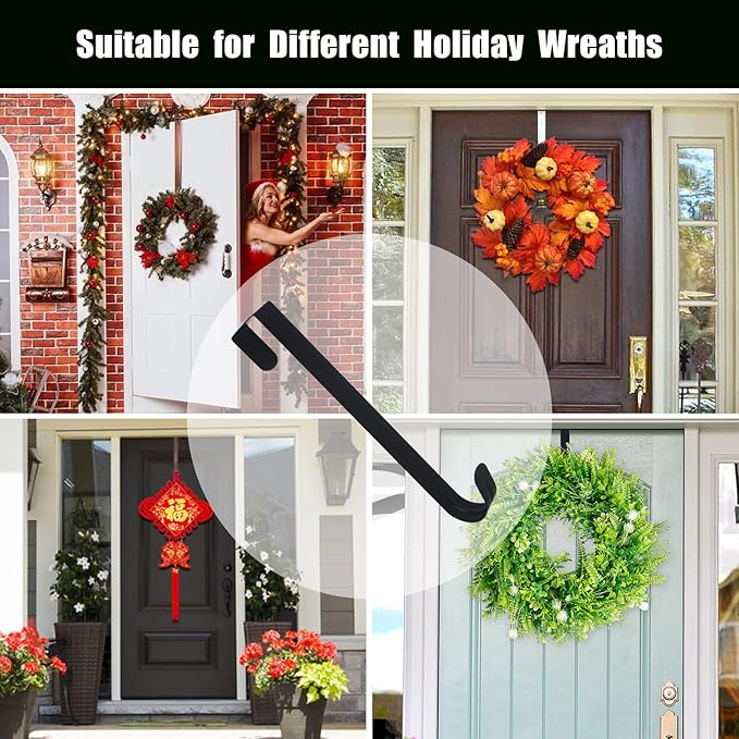 GameXcel 2 Pcs 15" Wreath Hanger for Front Door - Large Wreath Metal Hook for Christmas Wreath Over The Door Hanger - Black