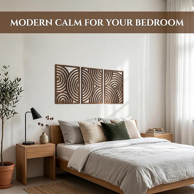 qmmp Modern Wooden Wall Sculptures - Set of 3 - Home Decor Accent - Large Wall Art for Living Room, Bedroom, Office - Easy Installation (Walnut, Large - Orbit)