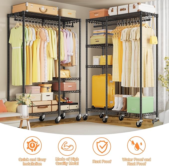Ulif F4R Heavy Duty Clothes Rack（With Lockable Wheels ） Rolling Clothing Racks for Hanging Clothes，Adjustable Closet Organizer System，Portable Garment Rack 45"W x 15.8"D x 73.5"H，Max Load 650LBS，Black