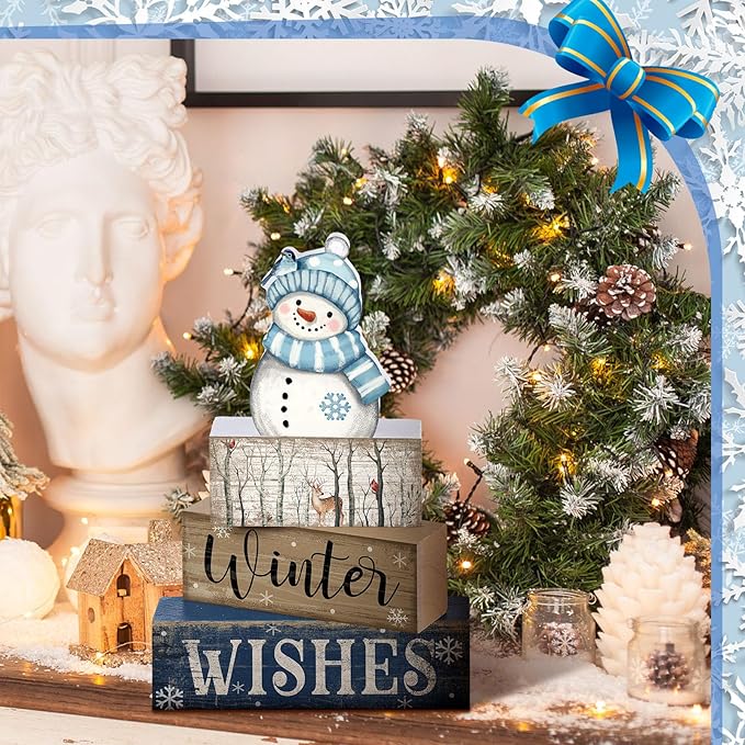 Lineshading 4 Pcs Snowman Christmas Table Decorations Blue and White Wooden Snowman Stacked Block Sign Gifts Winter Tiered Tray Decor Rustic Winter Table Centerpiece Farmhouse for Home Kitchen Shelf