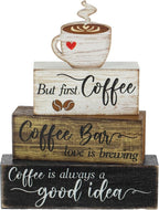 Moucuny 4 Pcs Wooden Coffee Bar Tabletop Decor Coffee Tiered Tray Decor Rustic Wood Bar Sign Gift Farmhouse Table Centerpiece Farmhouse Decorations for Home Kitchen