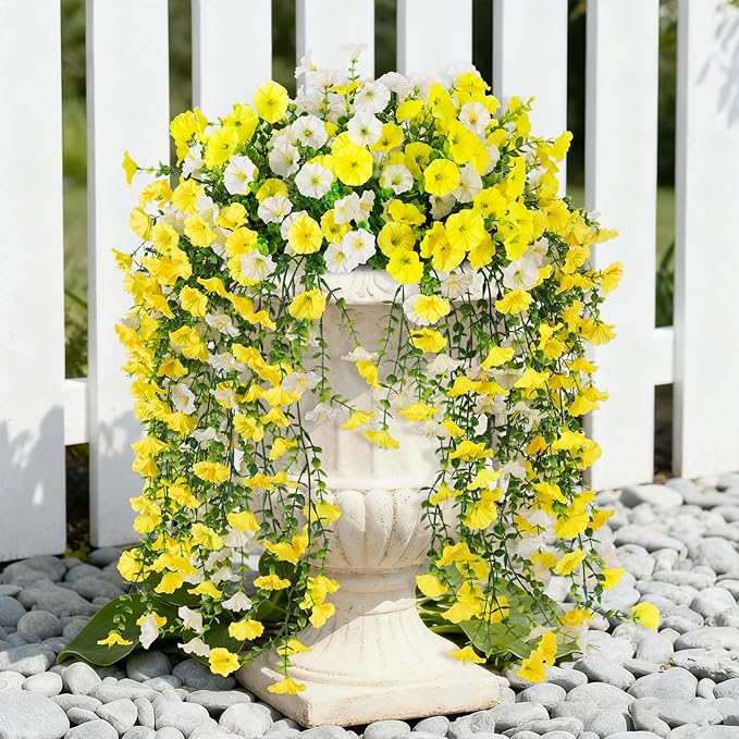 Fake Artificial Hanging Flowers for Outdoor, 8 PCS Silk Morning Glory Faux Flowers with Eucalyptus Leaves,Realistic Hanging Plants for Wedding Home Office Garden Decor