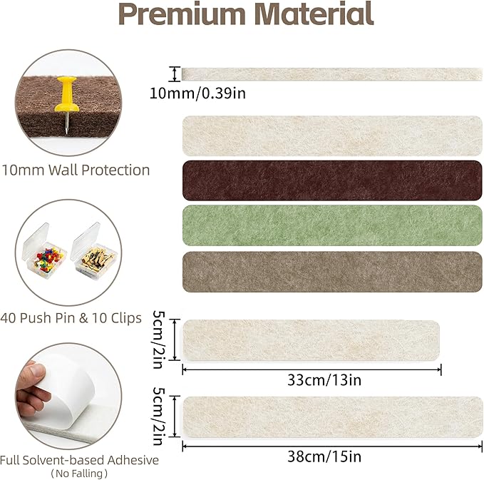 Cork Board for Walls - 8 Pack Felt Pin Board Bar Strips - Self-Adhesive Lightweight Bulletin Board - Cork Board for Office with 40 Push Pins No Damage for Wall