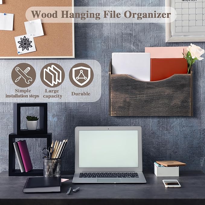 Suzile Wall Mounted File Holder Wood Magazine Holder Wall Hanging File Organizer for Office Mail Magazine Letter Paper Folder Organization (Gray)