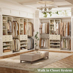 Closet System, Up to 134"/11.2 FT Closet Organizer with 4 Wooden Drawers and Shelves, Walk-in Closet System with 6 Hanging Rods, Built-in Closet Can Fit 96"/8FT, 120"/10FT, Greige Oak