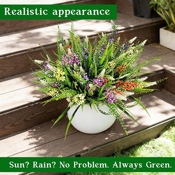 8 Bundles Artificial Flowers for Outdoors Faux Plants Greenery Shrubs UV Resistant for Porch Balcony Patio Garden Home Decor