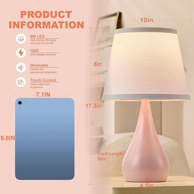 17.3'' Modern Dimmable Touch Lamps for Nightstand 2pcs, Table Lamps for Living Room, Reading Cute Lamp for Office, Bedside Lamps with Iron Base, Small Lamp for Bedroom, Pink Lamp, Bulb Included