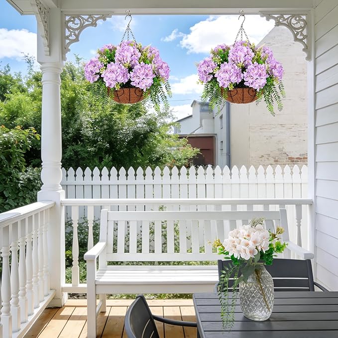 Artificial Flowers in Hanging Basket Planter for Home Spring Summer Decoration, Silk Hydrangea Outdoor Indoor Arrangements, 12" Metal Coconut Lining Basket with Faux Plant(Light Purple)