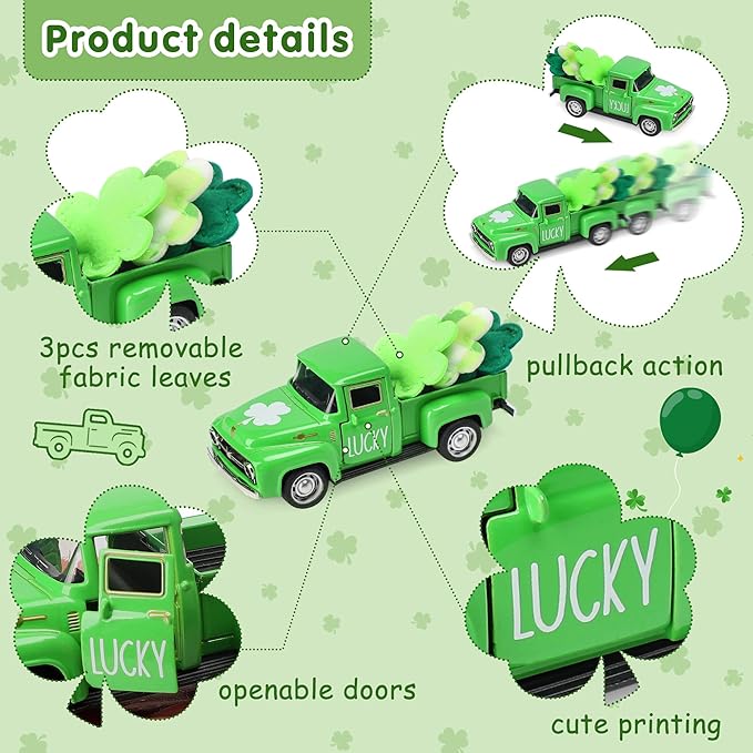 St. Patrick's Day Decorations for Home - Decor for Tiered Tray Metal Farm Truck with 3 Shamrocks Saint Patricks Day Vintage Diecast Pickup Truck Model for Shelf Table Centerpiece Décor Mini 4.8inch