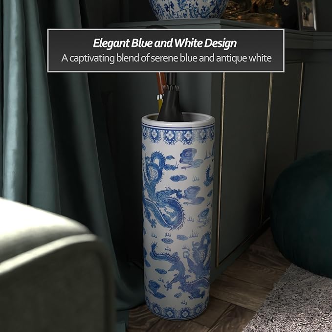 Red Lantern 24" Dragon Blue & White Porcelain Umbrella Stand for Indoor/Outdoor Use in Garden Entryway Living Room Boho Eclectic Modern Contemporary Classic Traditional Style Decor