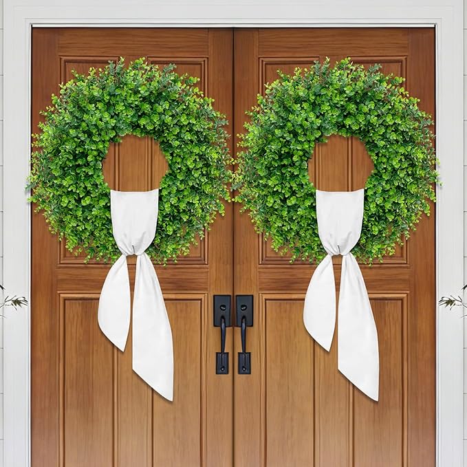 28'' Large Boxwood Wreaths Front Door Artificial Green Spring Wreath with Sash Wreaths for Front Door Farmhouse Greenery Year Round Outdoor Indoor for Summer Wreath St Patricks Day Decoration