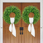 28'' Large Boxwood Wreaths Front Door Artificial Green Spring Wreath with Sash Wreaths for Front Door Farmhouse Greenery Year Round Outdoor Indoor for Summer Wreath St Patricks Day Decoration