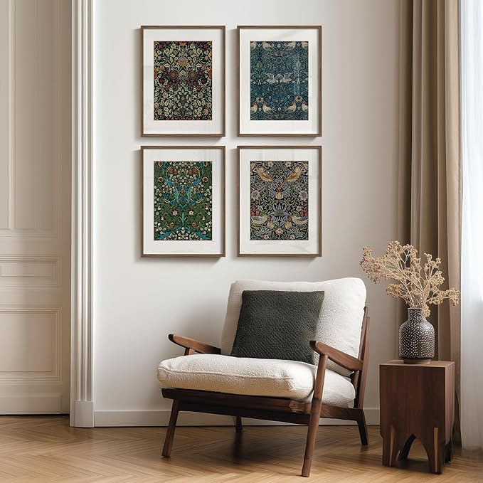 Framed William Morris Wall Art Set of 4, Vintage Botanical Floral Bird Prints, Retro Strawberry Thief Artwork for Living Room Bedroom Bathroom Office Dining Room, 12x16 Inch