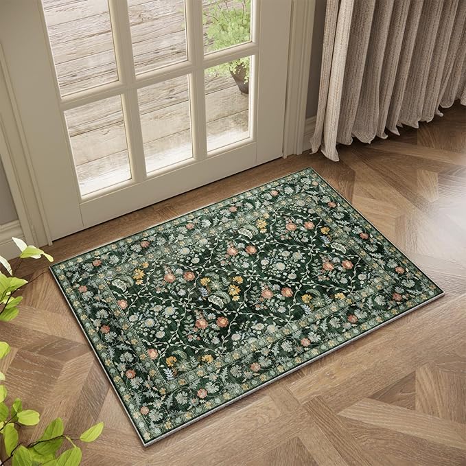 Vintage Botanical Dark Green Entryway Rug, 2x3 Kitchen Rugs Non Slip Washable Boho Green Forest Design, Soft Door Mat Indoor Entrance, Ultra-Thin Easy Clean Small Throw Carpet for Bedroom Bathroom