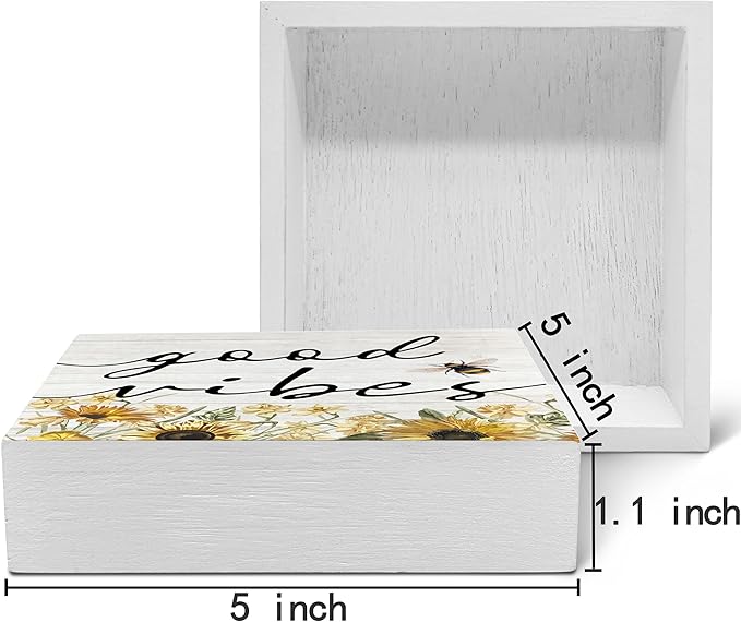 SRADMO Inspirational Bee and Sunflower Decor Wood Box Sign Desk Decor, Summer Rustic Wooden Block Box Sign Decoration For Home Office Shelf Table Decorative Accessories