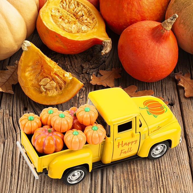Fall Pumpkin Truck Decor Vintage Metal Truck with Pumpkins Ornament Cute Autumn Harvest Farmhouse Tabletop Tiered Tray Decoration for Thanksgiving Party Home Kitchen Office Tiered Tray Supplies