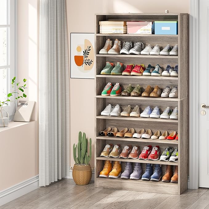 Tribesigns 2PCS Shoe Cabinet, 9 Tiers 40-45 Pairs Heavy Duty Wood Freestanding Shoe Storage Cabinet, 70.8'' Tall Shoe Cabinet with Open Storage for Entryway (Beige Gray)