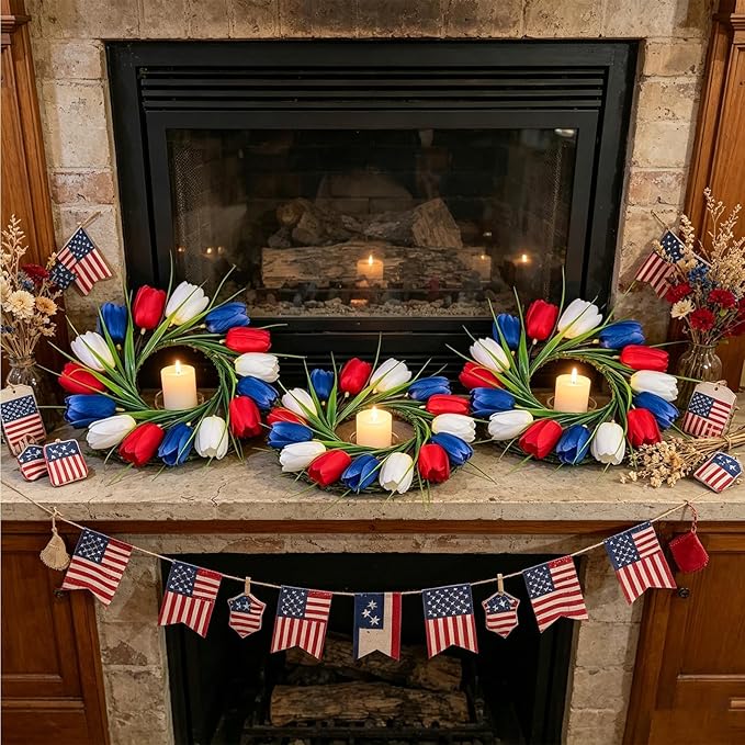 6 PCS 4th of July Hanging Wreaths for Cabinet Small Patriotic Tulip Silk Independence Day Wreaths for Front Door with Red White and Blue Flower Memorial Day Labor Day Candle Wreath for Home Wall Decor