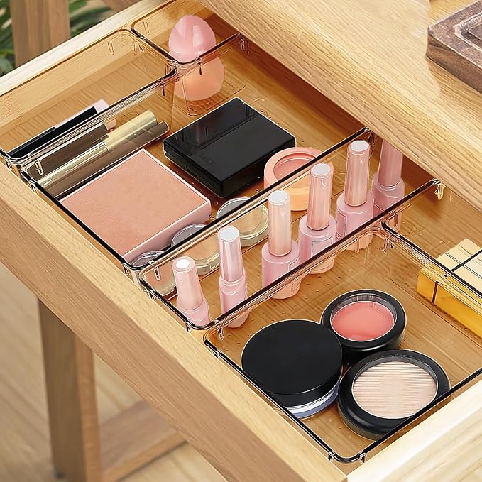 16 PCS Drawer Organizer Set, 5 Varied Size Bathroom and kitchen Drawer cabinet organizer Trays, Clear Storage Bins for Makeup, Jewelry, Utensils and Gadgets, Champagne