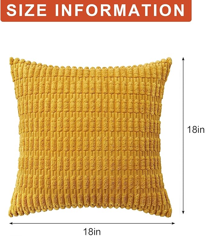 Aegero Pack of 2 Corduroy Decorative Throw Pillow Covers 18x18 InchSoft Boho Striped Pillow Covers Modern Farmhouse Home Decor for Sofa Living Room Couch Bed(Yellow)