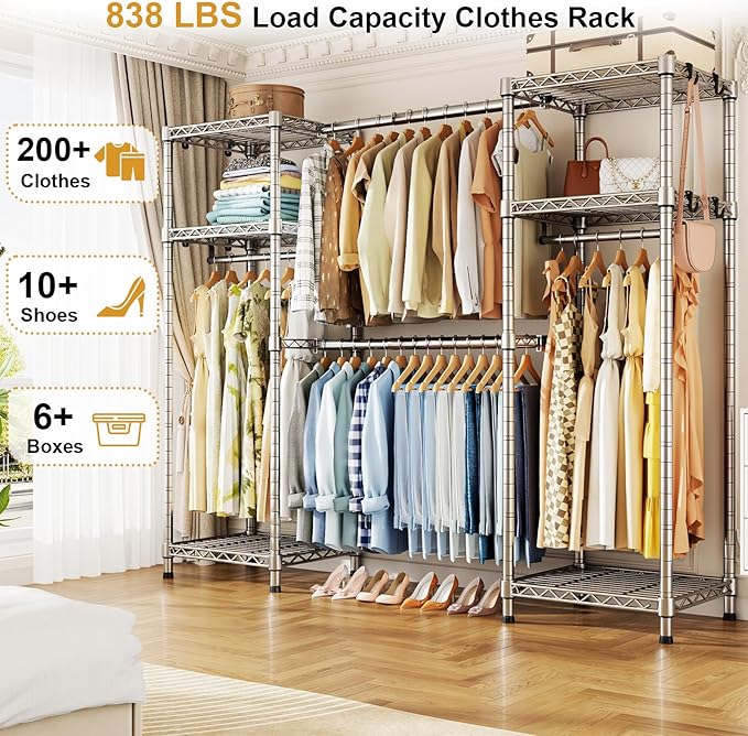 Ulif E7 Garment Rack, Heavy Duty Clothes Storage System with Extendable Hangers Rods, Metal Clothing Rack with 6 Wire Shelves, (52.3"-72") W x 14.5" D x 71.2" H, Load 838lbs, Chrome