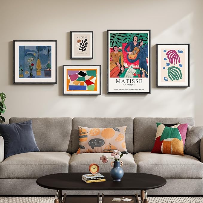 Large Framed Matisse Canvas Wall Art for Living Room, 5 Piece Abstract Modern Art Botanical Painting Prints Wall Decor, Colorful Geometric Aesthetics Henri Matisse Famous Painting Pictures for Dining Room Office Hallway