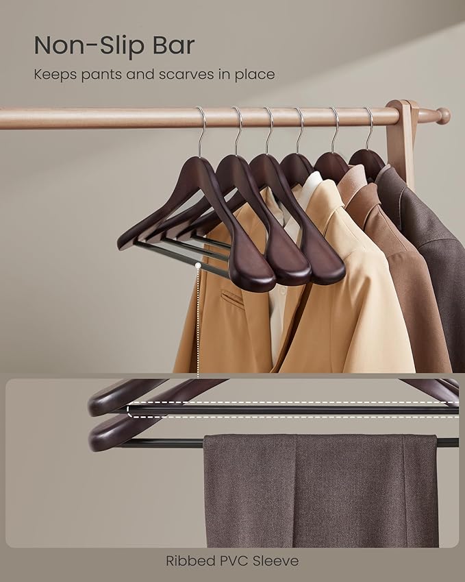 SONGMICS Extra Wide Wooden Suit Hangers, Set of 10 Clothes Hangers, Swivel Hooks, Non-Slip Bars, for Outfits, Suits, Coats, Shirts, Dresses, Mahogany UCRW050MZ01