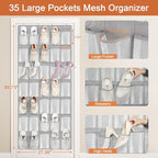 FENTEC 35 Large Pockets Over The Door Shoe Organizer, Mesh Hanging Shoe Organizer Shoe Rack for Closet Mesh Closet Shoe Holder, Over Door Organizer, Shoe Organizer for Wall, Grey, 1 Pack