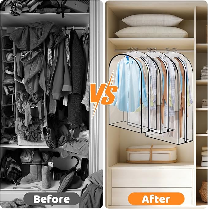 4 Pack Full Clear Garment Bags with Side Zipper, 50" Clothes Covers with 10" Gusset, Transparent Hanging Suit & Coat Covers for Closet Storage, Jackets, Dresses, Windbreakers