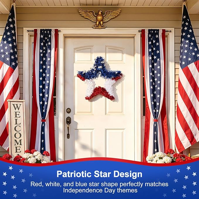 VeriNatural 4th of July Decorations - 19.5in Patriotic Red White and Blue Star Wreath - Independence Day Tinsel Wreath for Indoor Outdoor,Golf Cart, Party,Door and Wall Hanging Decor