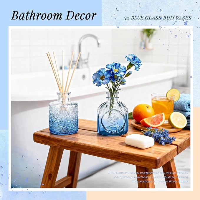 Der Rose Glass Bud Vases Set of 32 Small Blue Flower Vases for Rustic Wedding Centerpieces Table Decorations and Home Office Decor(Blue)