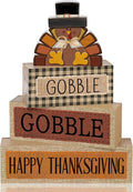 Lineshading 4 Pcs Fall Table Decorations Wooden Turkey Decor Thanksgiving Tiered Tray Decor Fall Centerpiece Rustic Wood Turkey Block Sign for Gobble Harvest Party Home Kitchen Decorations