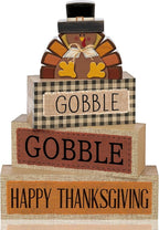 Lineshading 4 Pcs Fall Table Decorations Wooden Turkey Decor Thanksgiving Tiered Tray Decor Fall Centerpiece Rustic Wood Turkey Block Sign for Gobble Harvest Party Home Kitchen Decorations