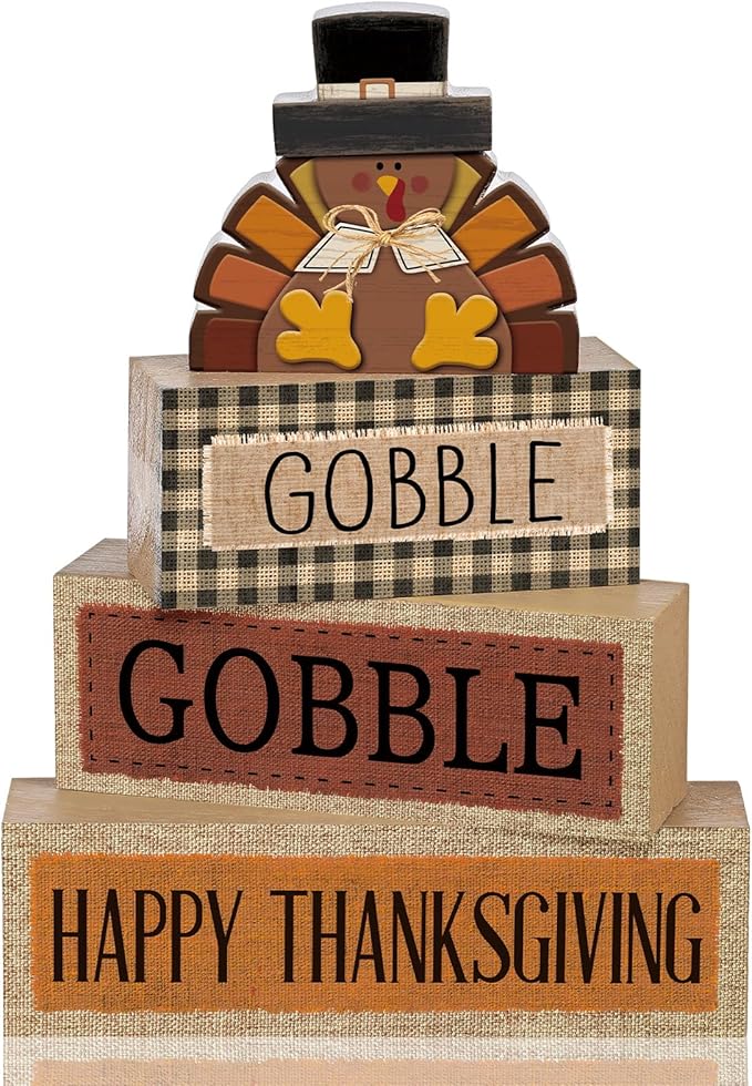 Lineshading 4 Pcs Fall Table Decorations Wooden Turkey Decor Thanksgiving Tiered Tray Decor Fall Centerpiece Rustic Wood Turkey Block Sign for Gobble Harvest Party Home Kitchen Decorations