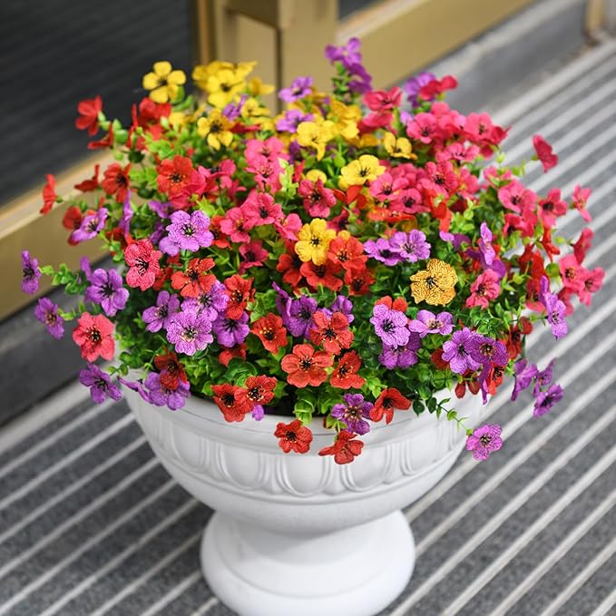 Artificial Fake Flowers for Outdoors Spring Decor, 12 Bundles Faux Silk Flowers Daisy Eucalyptus Plants UV Resisitant Colorful Artificial Flowers for Outside Planter Pots Front Porch Garden Patio