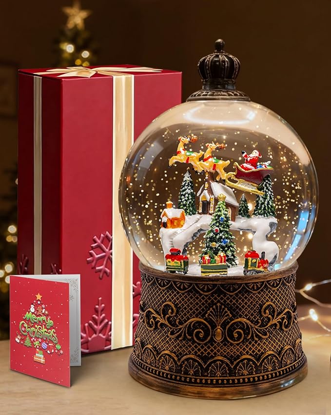 Christmas Snow Globes Light up Snowglobes Christmas Lantern with 8 Songs, 6.99" Christmas Snow Globes for Kids Adults, 6H Timer & Dual Power, Christmas Decorations Indoor, Gifts for Women Men