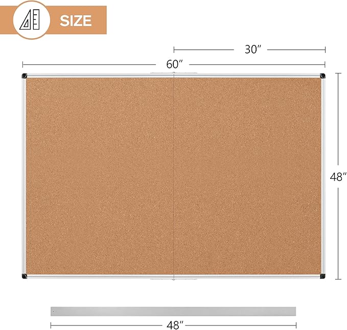Extra Large Cork Bulletin Board 60" X 48", Foldable Notice Pin Board for Wall, Silver Aluminum Framed 5'x4' Corkboard, Wall Mounted Noticeboard with 36 Push Pins for School, Home & Office