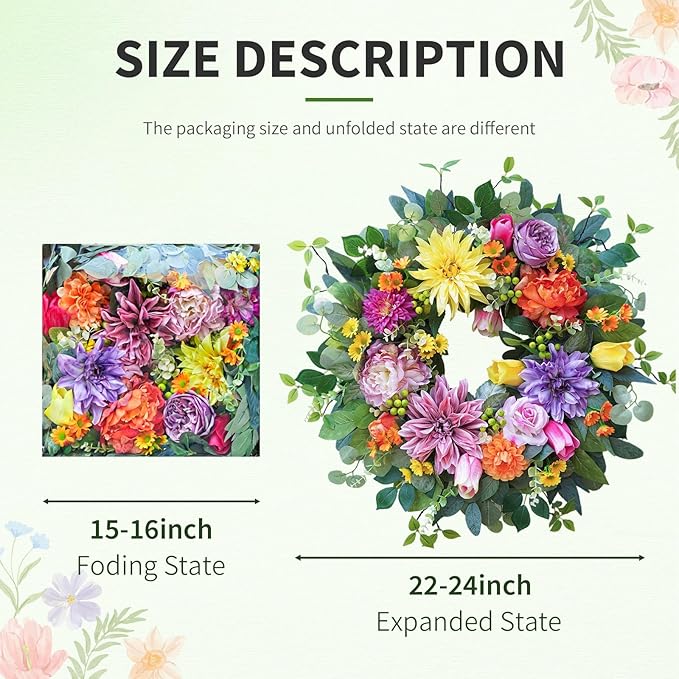 24 Inch Spring Summer Wreaths for Front Door Outside, Luxury Colorful Seasonal Floral Wreath with Chrysanthemums Roses Tulips & Berries, Faux Spring Summer Door Wreath for Outdoor Home Decor