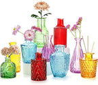 Coloch Set of 10 Colored Bud Vases, Assorted Small Glass Flower Vases Vintage Carved Floral Vase Single Bud Vase in Bulk for Centerpieces, Parties, Wedding Decoration, Office, Home