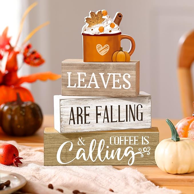 Lineshading 4 Pcs Fall Coffee Table Decorations Fall Decor for Home Thanksgiving Tiered Tray Decor Rustic Wooden Hot Cocoa Cup Pumpkin Latte Block Sign for Autumn Harvest Party Coffee Bar Kitchen