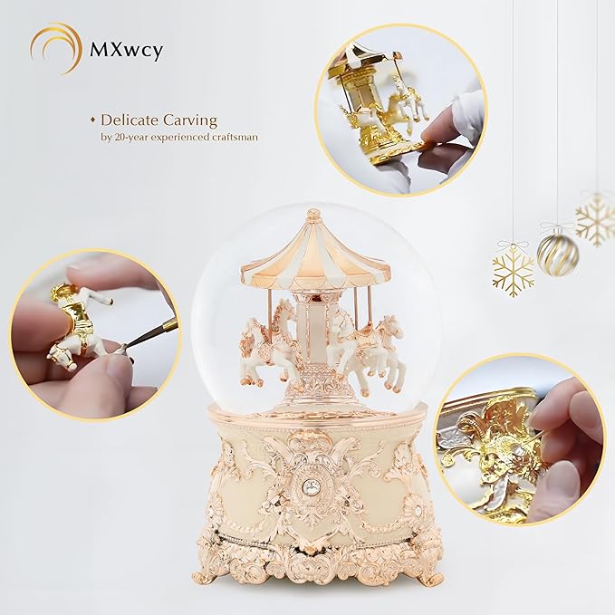 Carousel Music Box Rose Gold Christmas Snow Globes, 7.1" Glass Rotate Carousel Snow Globe for Kids & Adults, Classic Wind up Musical Snow Globe Valentines Day Gifts, Carousel Horse Home Decor