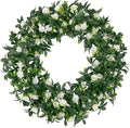 SHACOS Greenery Wreath 15" Artificial Front Door Wreaths Green Wreath with White Flowers for Home Wall Window Farmhouse Decoration 100% Plastic Indoor Outdoor