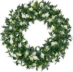 SHACOS Greenery Wreath 15" Artificial Front Door Wreaths Green Wreath with White Flowers for Home Wall Window Farmhouse Decoration 100% Plastic Indoor Outdoor