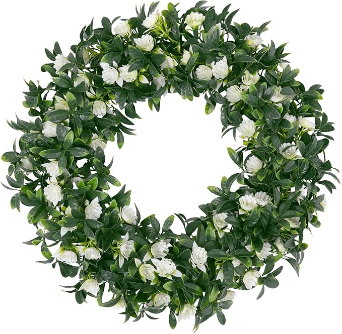 SHACOS Greenery Wreath 15" Artificial Front Door Wreaths Green Wreath with White Flowers for Home Wall Window Farmhouse Decoration 100% Plastic Indoor Outdoor
